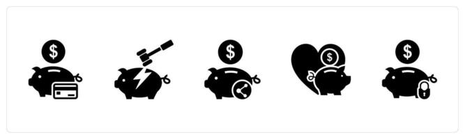 A set of 5 business icons as card savings, savings broken, share savings vector
