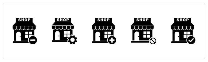 A set of 5 business icons as remove store, store renovation, add store vector