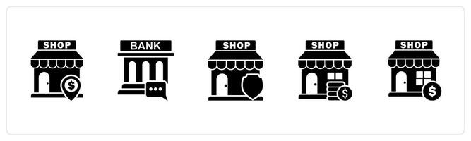 A set of 5 business icons as revenue store, bank message, store security vector