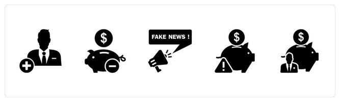A set of 5 business icons as add user, remove savings, fake news vector