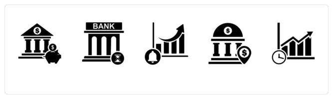 A set of 5 business icons as bank savings, bank time, growth notification vector