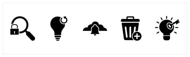 A set of 5 business icons as search lock, refresh idea, cloud notification vector