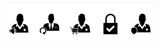 A set of 5 business icons as listening music, update user, store owner vector