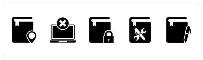 A set of 5 Document icons as location book, wrong laptop, book security vector