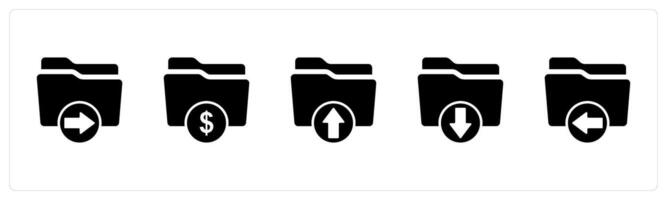 A set of 5 Document icons as search folder, finance folder, upload folder vector