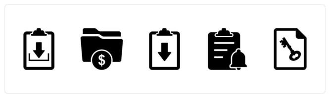 A set of 5 Document icons as download file, finance folder, download page vector