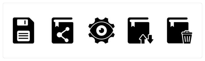 A set of 5 Document icons as memory card, share book, view settings vector