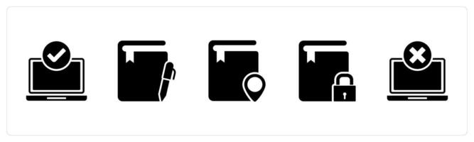 A set of 5 Document icons as approved laptop, notepad, location book vector