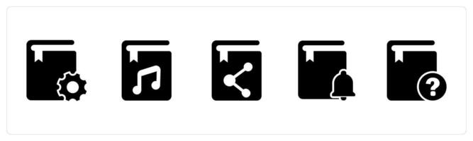 A set of 5 Document icons as book setting, music book, share book vector