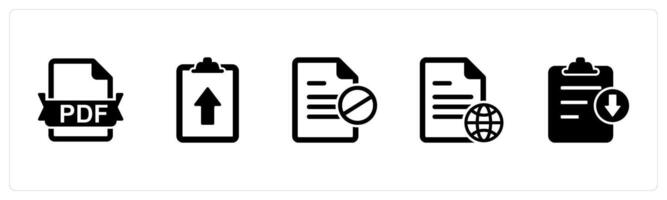 A set of 5 Document icons as pdf file, upload page, document prohibited vector