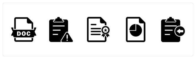 A set of 5 Document icons as doc file, page maintenance, certificate vector