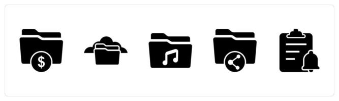 A set of 5 Document icons as finance folder, cloud folder, music folder vector