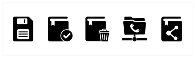 A set of 5 Document icons as memory card, approved book, trash book vector