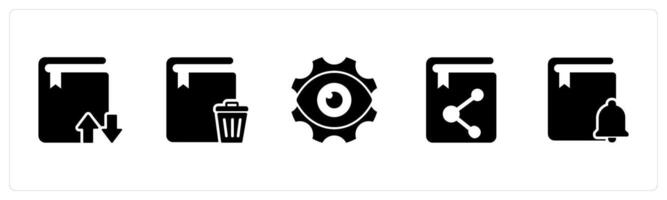 A set of 5 Document icons as synchronize book, trash book, view settings vector