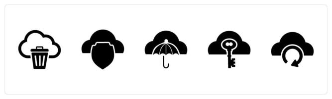 A set of 5 Internet icons as trash cloud, cloud security, cloud insurance vector