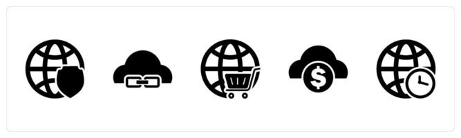 A set of 5 Internet icons as global security, link cloud, global cart vector