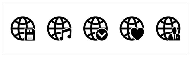 A set of 5 Internet icons as global card, global music, globe vector