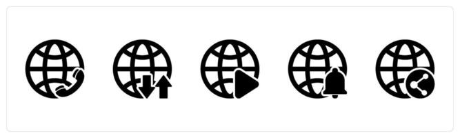 A set of 5 Internet icons as international call, global synchronize, global vector