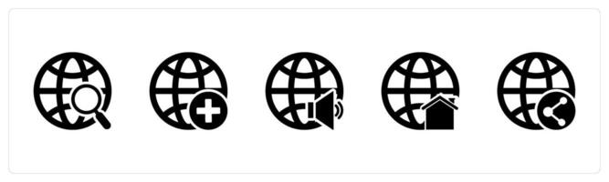 A set of 5 Internet icons as global search, add global, global volume vector