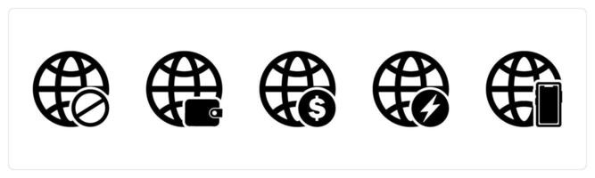A set of 5 Internet icons as global prohibited, global wallet, financial global vector