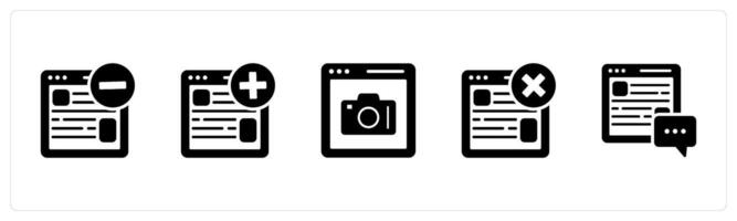 A set of 5 Internet icons as remove webpage, create webpage, online photography vector
