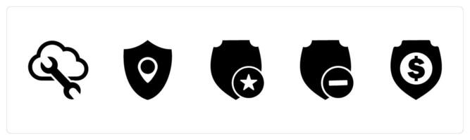 A set of 5 Internet icons as cloud setting, location shield, favorite shield vector