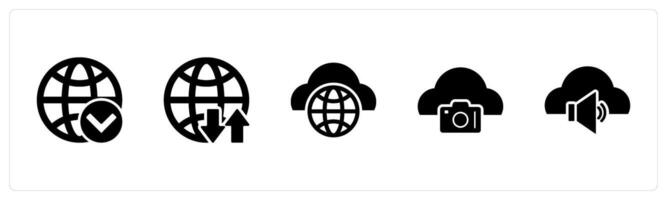 A set of 5 Internet icons as globe, global synchronize, global cloud, image cloud vector