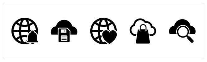 A set of 5 Internet icons as global notification, cloud memory card, favorite global vector