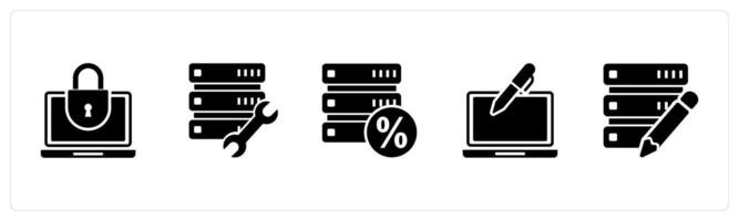 A set of 5 Internet icons as laptop protection, server maintenance, server discount vector