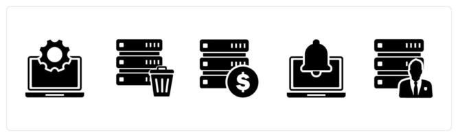 A set of 5 Internet icons as laptop settings, trash server, finance server vector