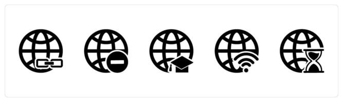 A set of 5 Internet icons as link global, remove globe, global education vector