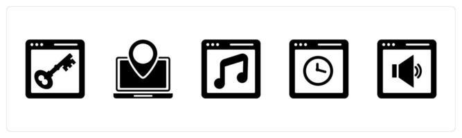 A set of 5 Internet icons as webpage protection, laptop location, online music vector