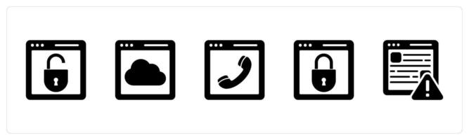 A set of 5 Internet icons as webpage protection, cloud webpage, online call vector