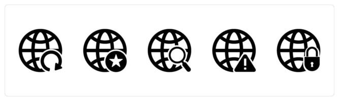 A set of 5 Internet icons as global update, favorite globe, global search vector