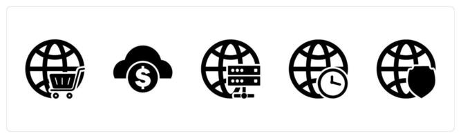 A set of 5 Internet icons as global cart, finance cloud, global server vector