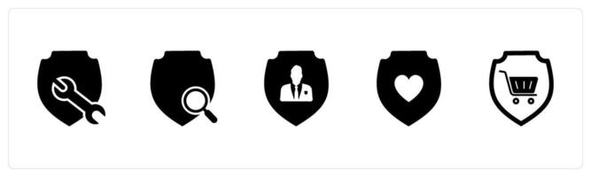 A set of 5 Internet icons as shield maintenance, shield search, private shield vector