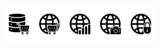 A set of 5 Internet icons as server cart, global cart, global statistics vector