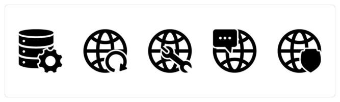 A set of 5 Internet icons as server settings, global update, global maintenance vector