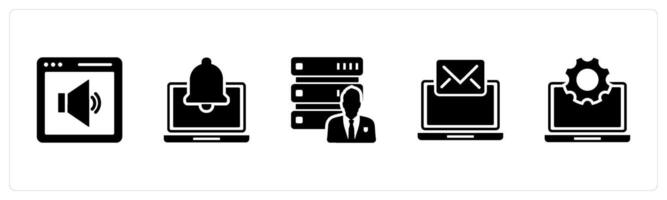 A set of 5 Internet icons as online volume, laptop notification, server owner vector