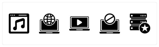 A set of 5 Internet icons as online music, web browser, online , laptop prohibited vector