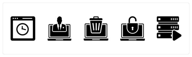 A set of 5 Internet icons as webpage time, private laptop, remove laptop vector