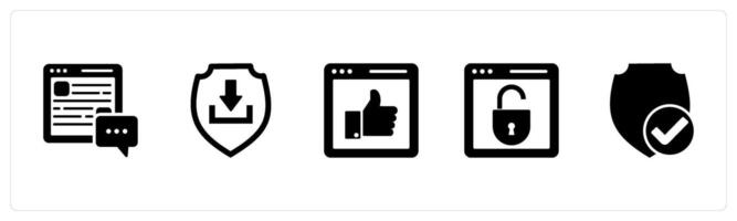 A set of 5 Internet icons as webpage reviews, download shield, like webpage vector