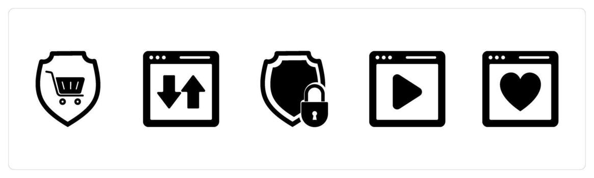 A set of 5 Internet icons as shopping shield, synchronize webpage, security vector