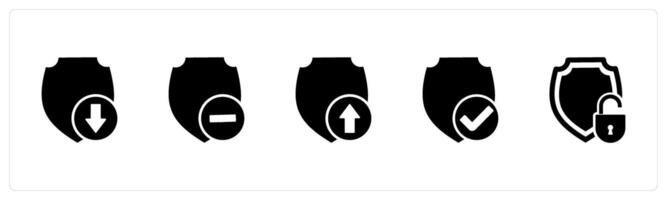 A set of 5 Internet icons as download shield, remove shield, upload shield vector