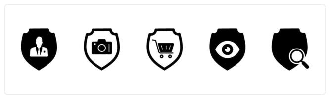 A set of 5 Internet icons as private shield, camera security, shopping shield vector