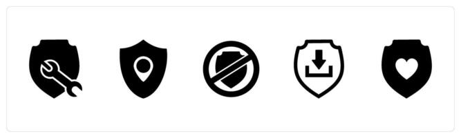 A set of 5 Internet icons as shield maintenance, location shield, shield prohibited vector