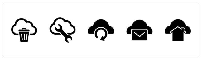A set of 5 Internet icons as trash cloud, cloud setting, update cloud vector