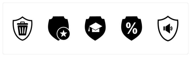 A set of 5 Internet icons as trash shield, favorite shield, education security vector