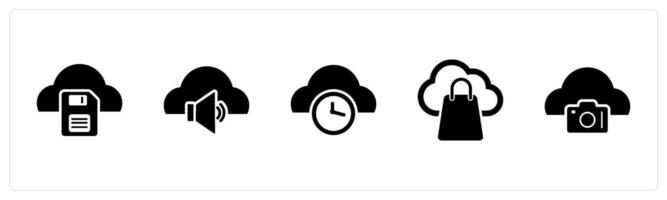 A set of 5 Internet icons as cloud memory card, cloud volume, cloud time vector