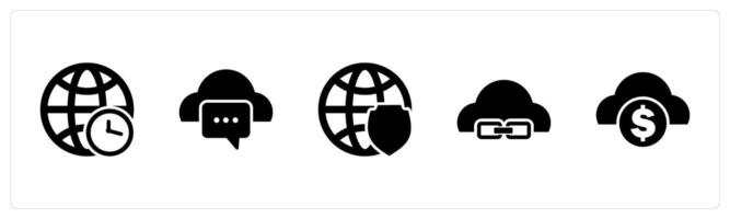 A set of 5 Internet icons as global time, cloud message, global security vector